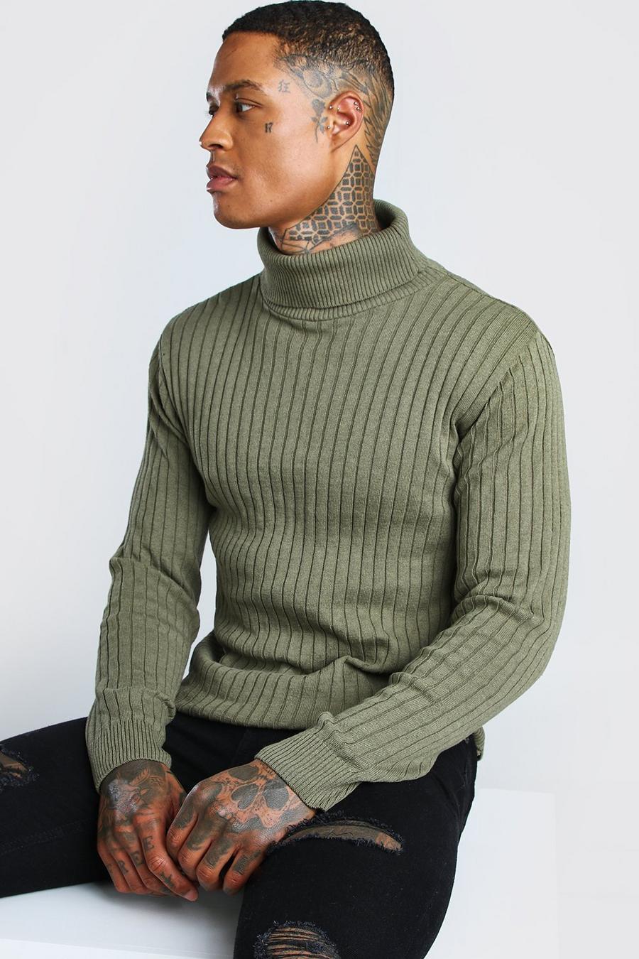 Khaki Ribbed Long Sleeve Turtleneck Sweater image number 1