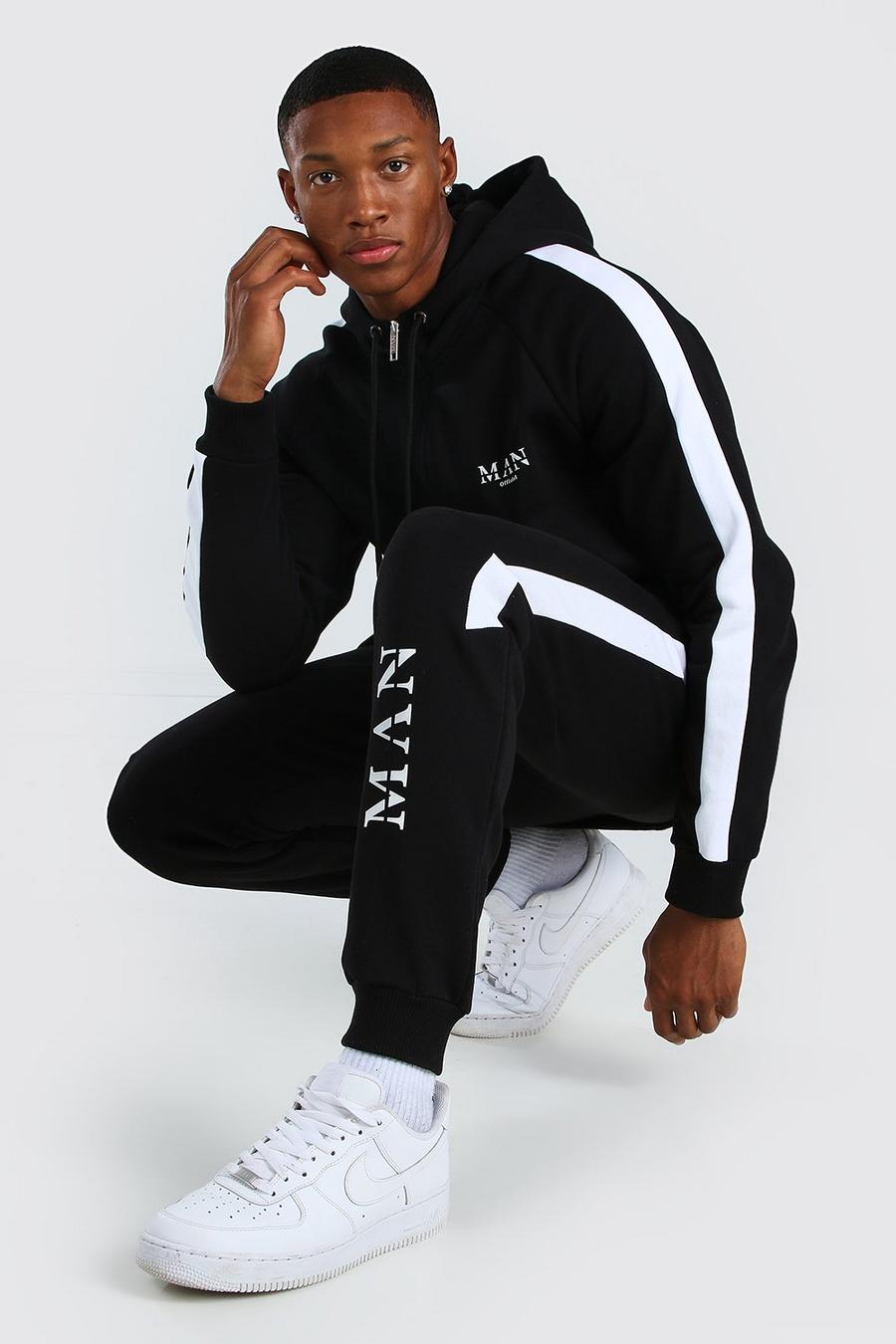 Black MAN Roman Zip Hooded Tracksuit With Panels image number 1