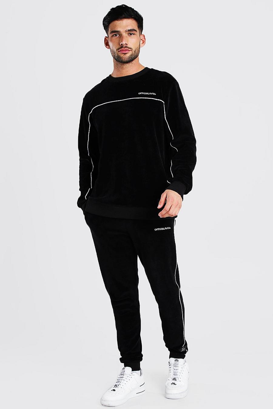 Black MAN Velour Sweater Tracksuit With Piping image number 1
