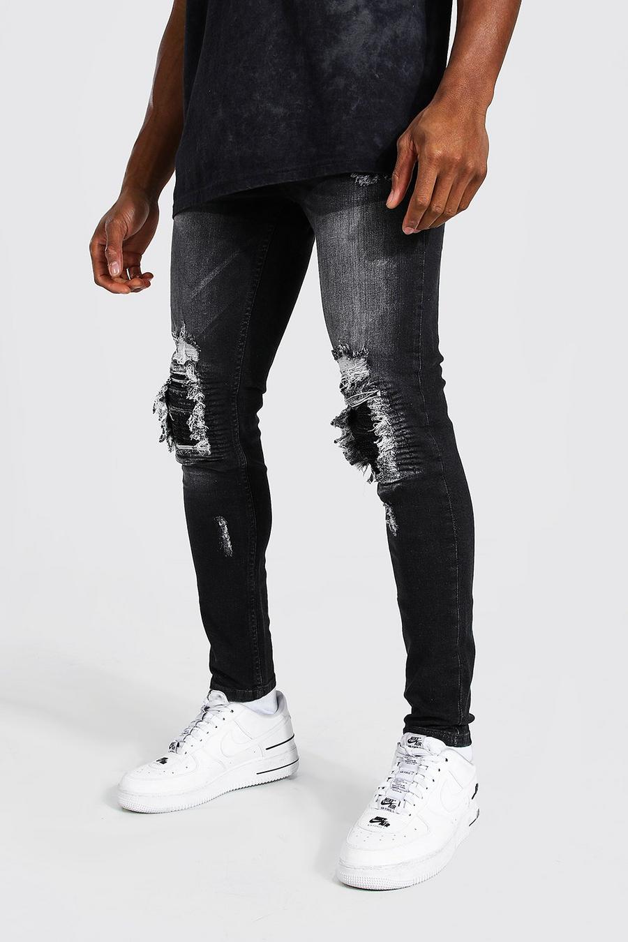 פחם ג'ינס אופנוענים סופר סקיני בסגנון קרע וטלאי image number 1