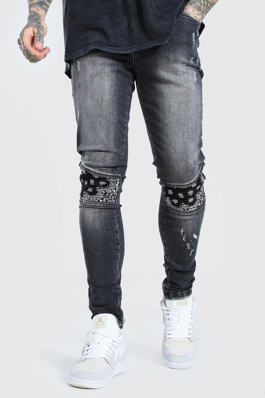 Washed black Super skinny jeans med bikerdetaljer och bandanamönster image number 1