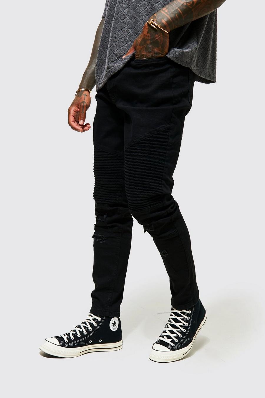 שחור אמיתי סקיני ג'ינס אופנוענים נמתח עם שפשופים image number 1