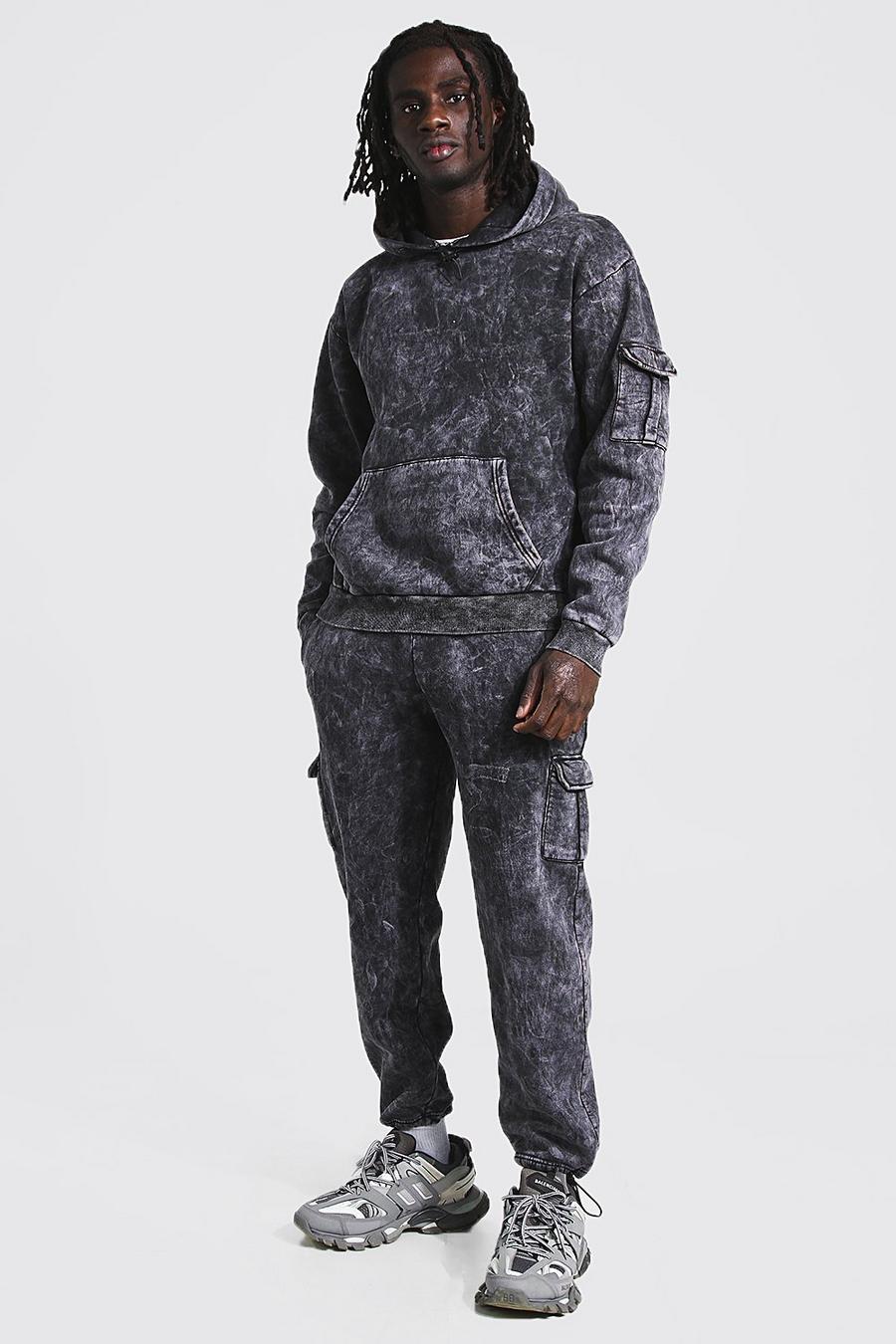 Charcoal Overdyed Loose Fit Cargo Hooded Tracksuit image number 1