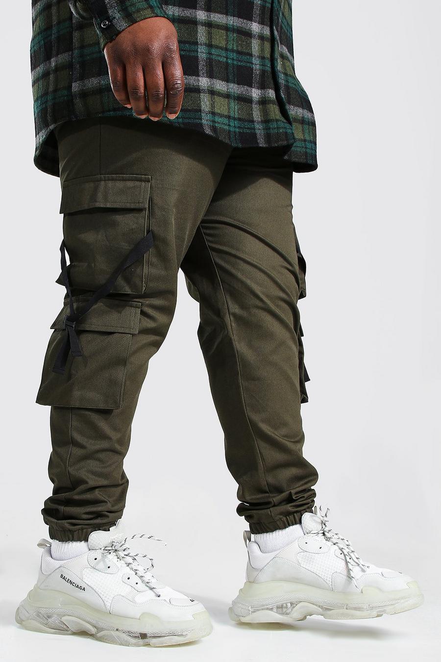 חאקי kaki מכנסי ריצה קרגו ארוגים עם רצועות למידות גדולות image number 1