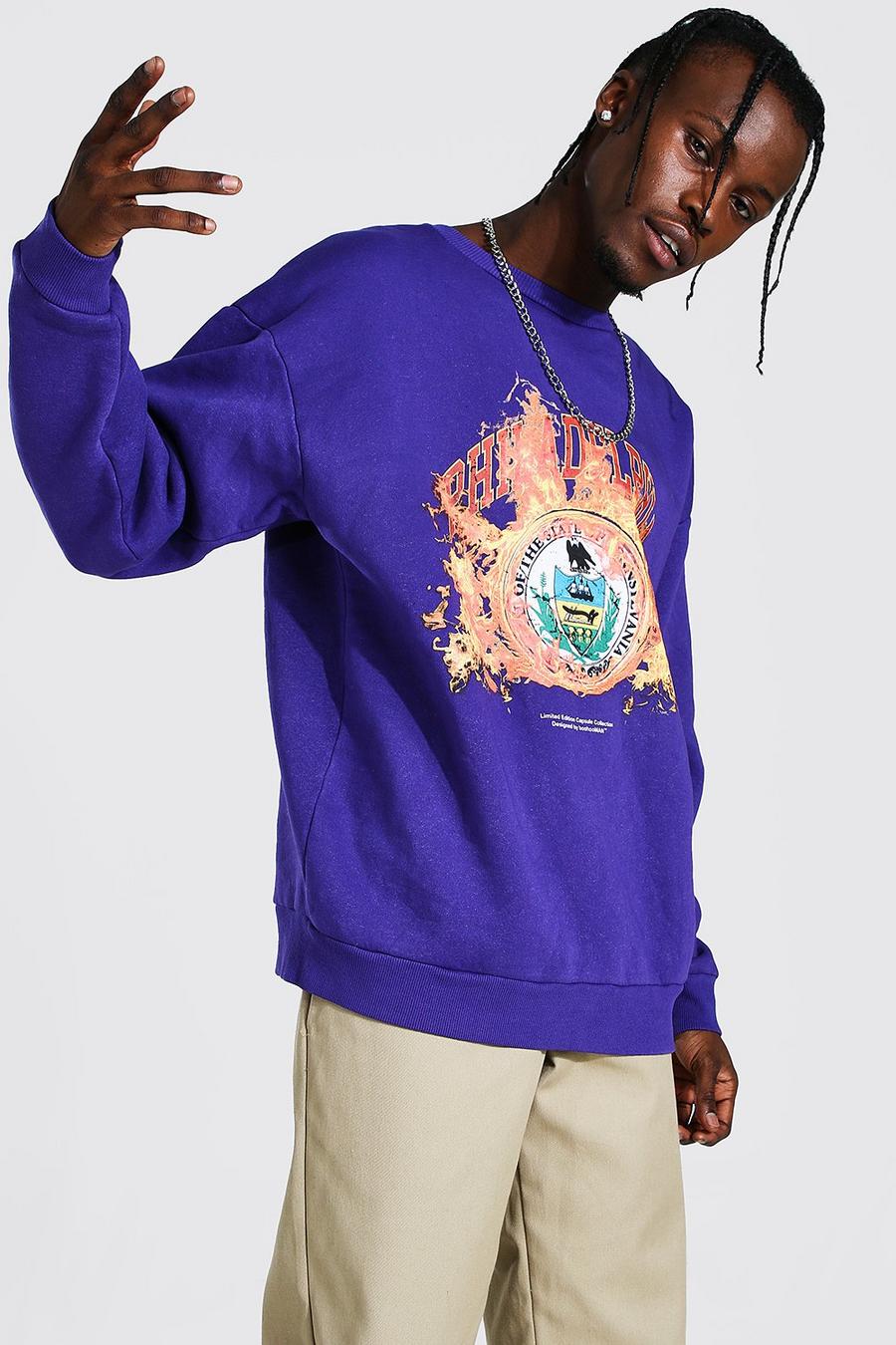 Printed Sweatshirt in Übergröße mit Los Angeles und Flammen-Aufdruck, Violett image number 1