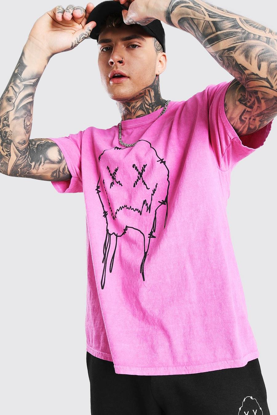 Pink Oversized Overdye T-Shirt Met Druipende Smiley image number 1