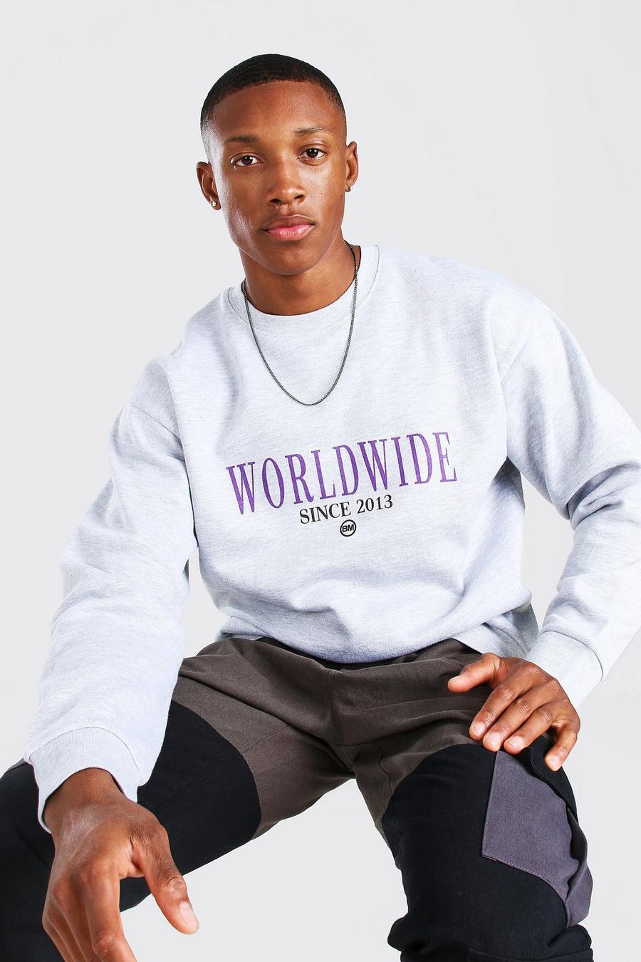 Oversized-Sweatshirt mit „Worldwide“-Print, Grau meliert image number 1