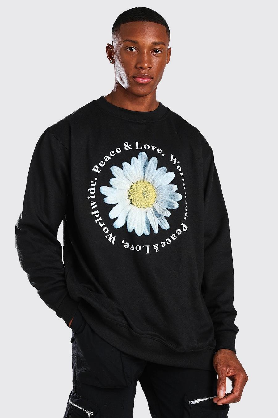 Black Peace And Love Daisy Print Oversized Sweater image number 1