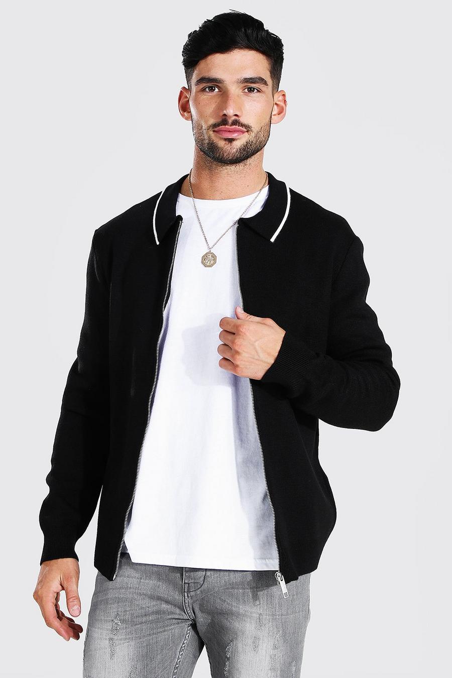 Black Knitted Harrington Jacket With Tipping image number 1