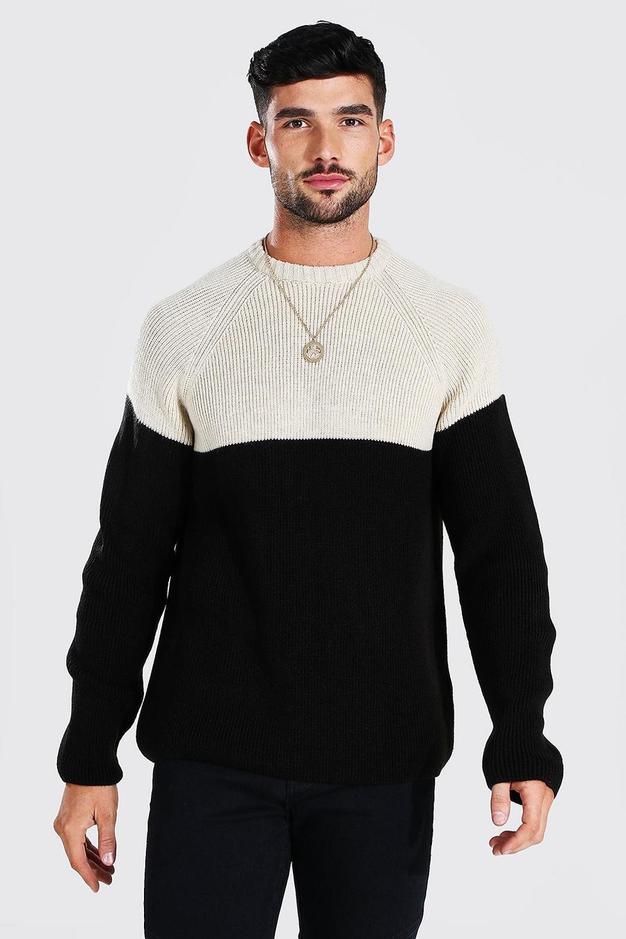 Black Colour Block Chunky Knit Crew Neck Jumper image number 1