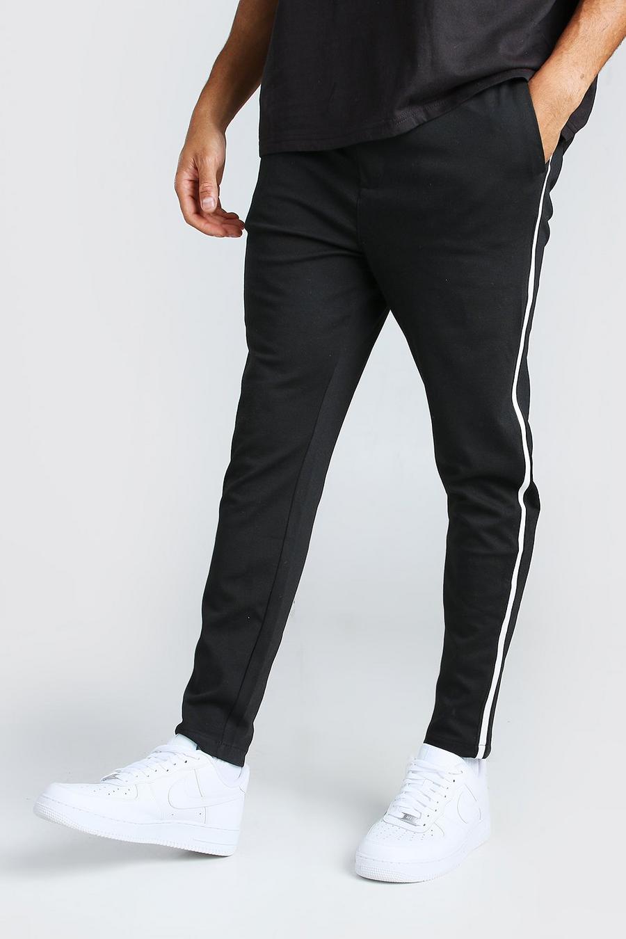 Pantalones rectos con detalle de cinta lateral, Negro image number 1