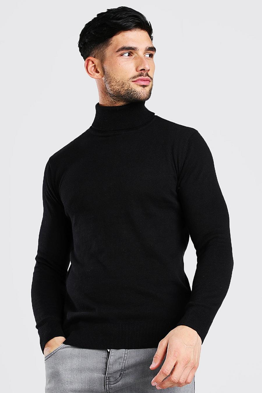 שחור סוודר בגזרה רגילה עם צווארון נגלל image number 1