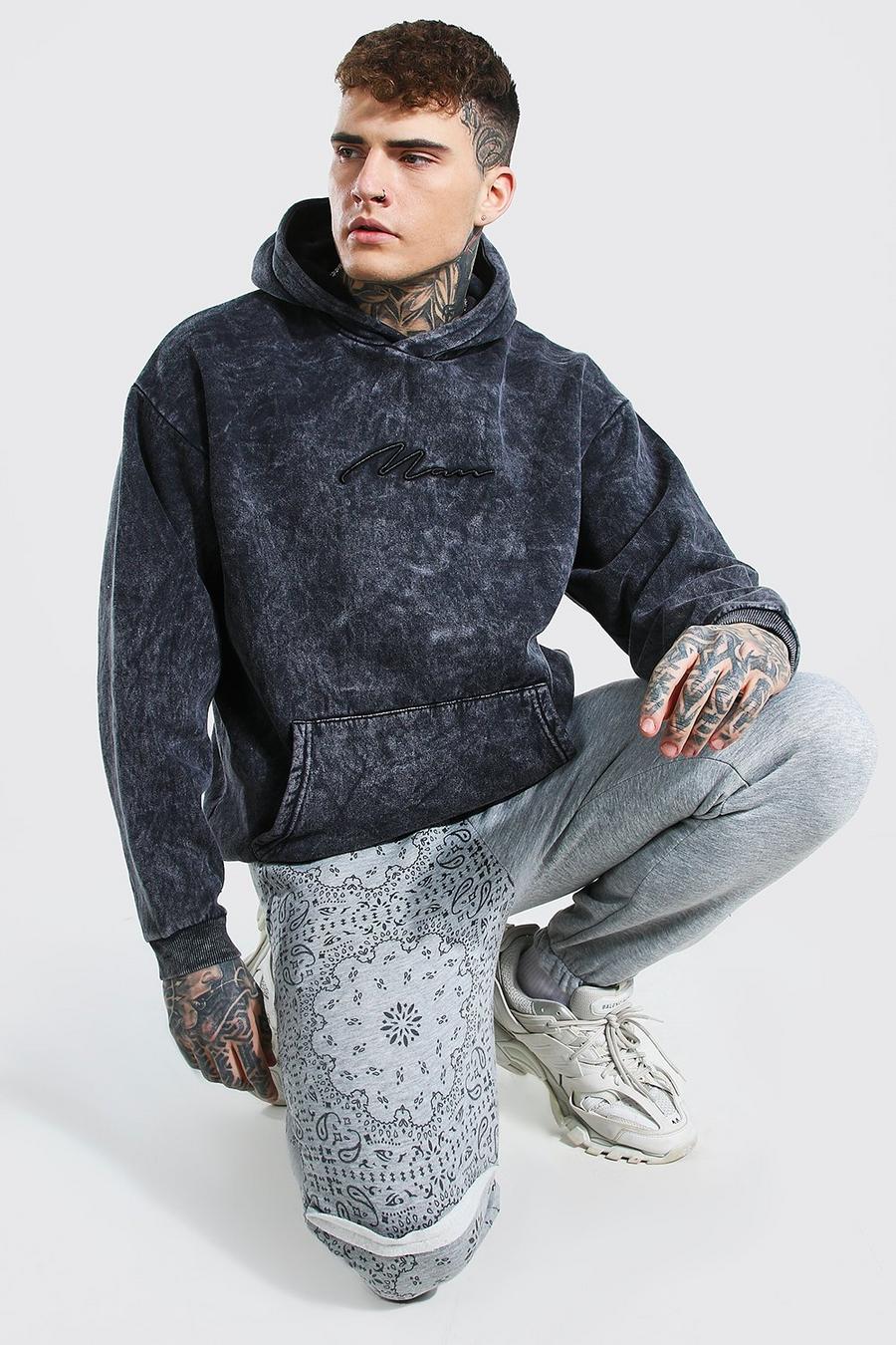Charcoal grey Oversized Acid Wash 3D Embroidered Hoodie image number 1