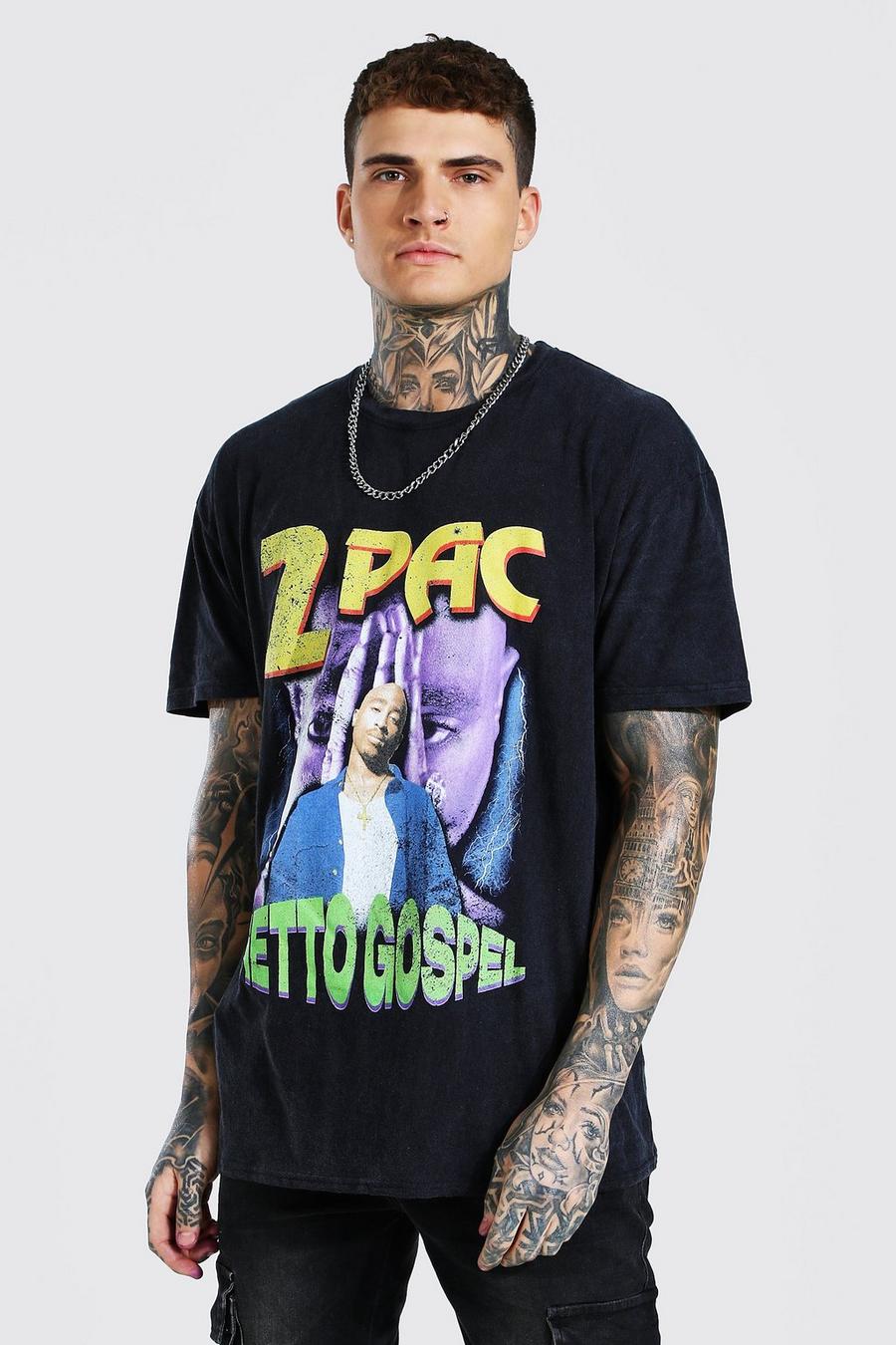 Camiseta ancha con lavado ácido y licencia de Tupac, Negro desteñido image number 1