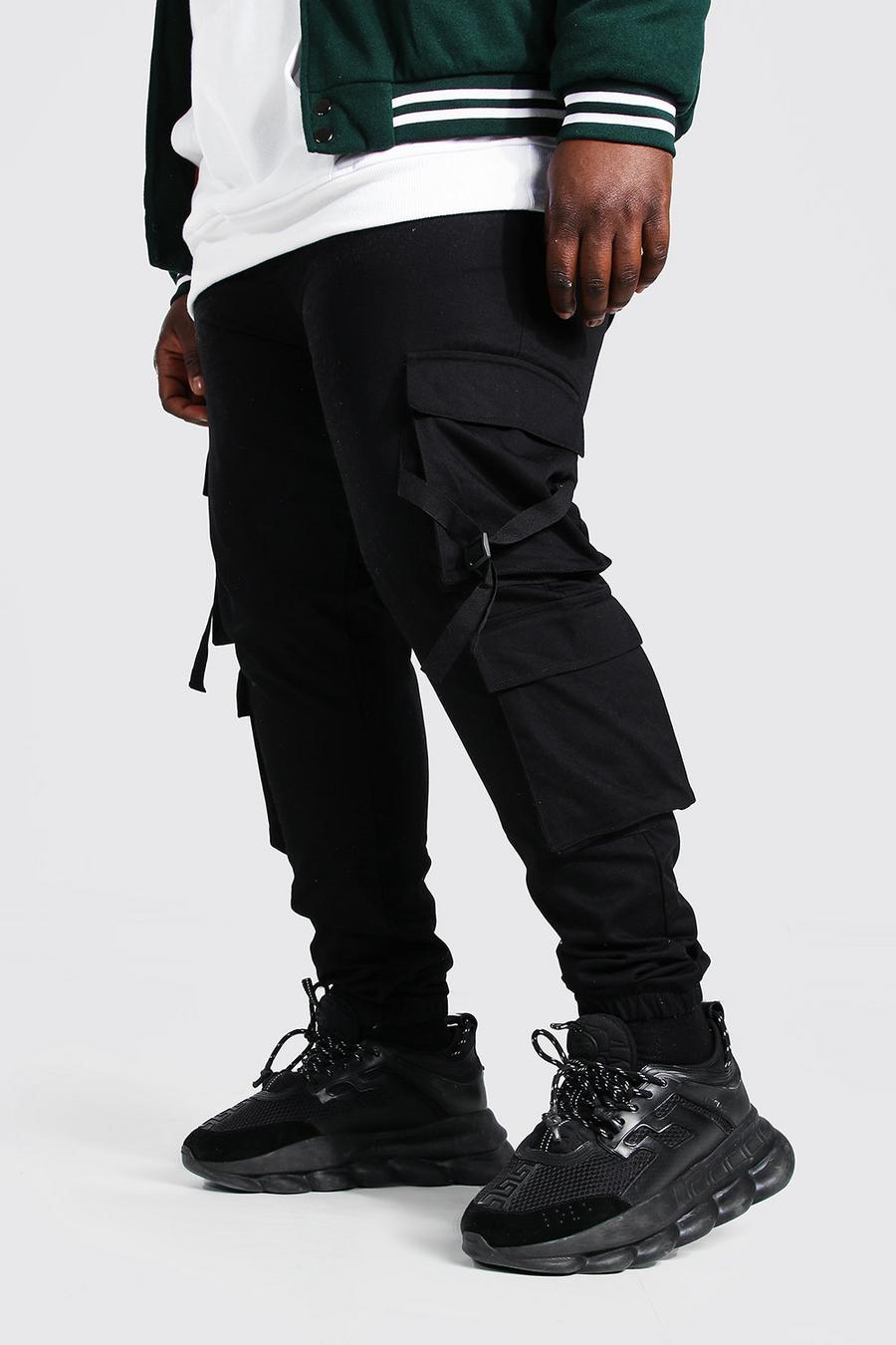שחור nero מכנסי ריצה קרגו ארוגים עם רצועות למידות גדולות image number 1