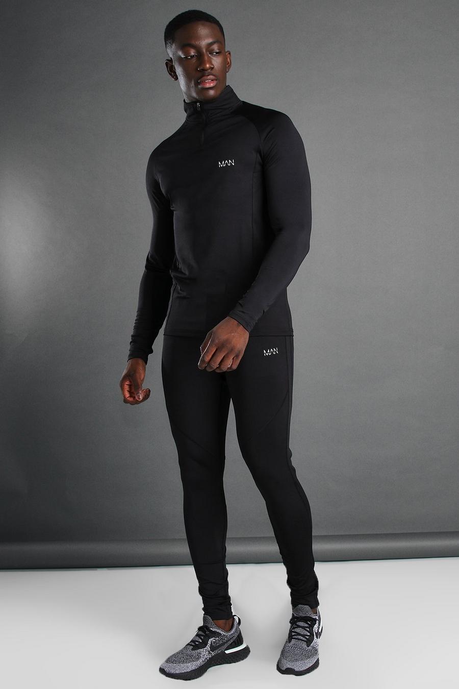 Black MAN Active Träningsoverall i muscle fit med hög krage och dragkedja image number 1