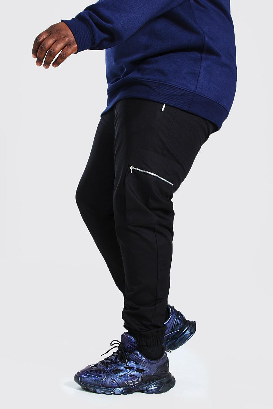 Pantaloni tuta Plus intessuti con tasche cargo e zip, Nero image number 1