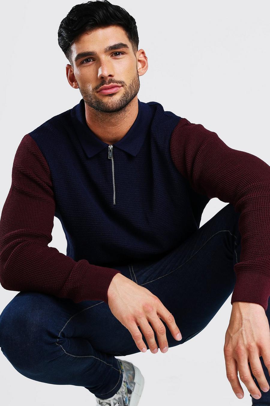 Navy Long Sleeved Colour Block Knitted Polo image number 1