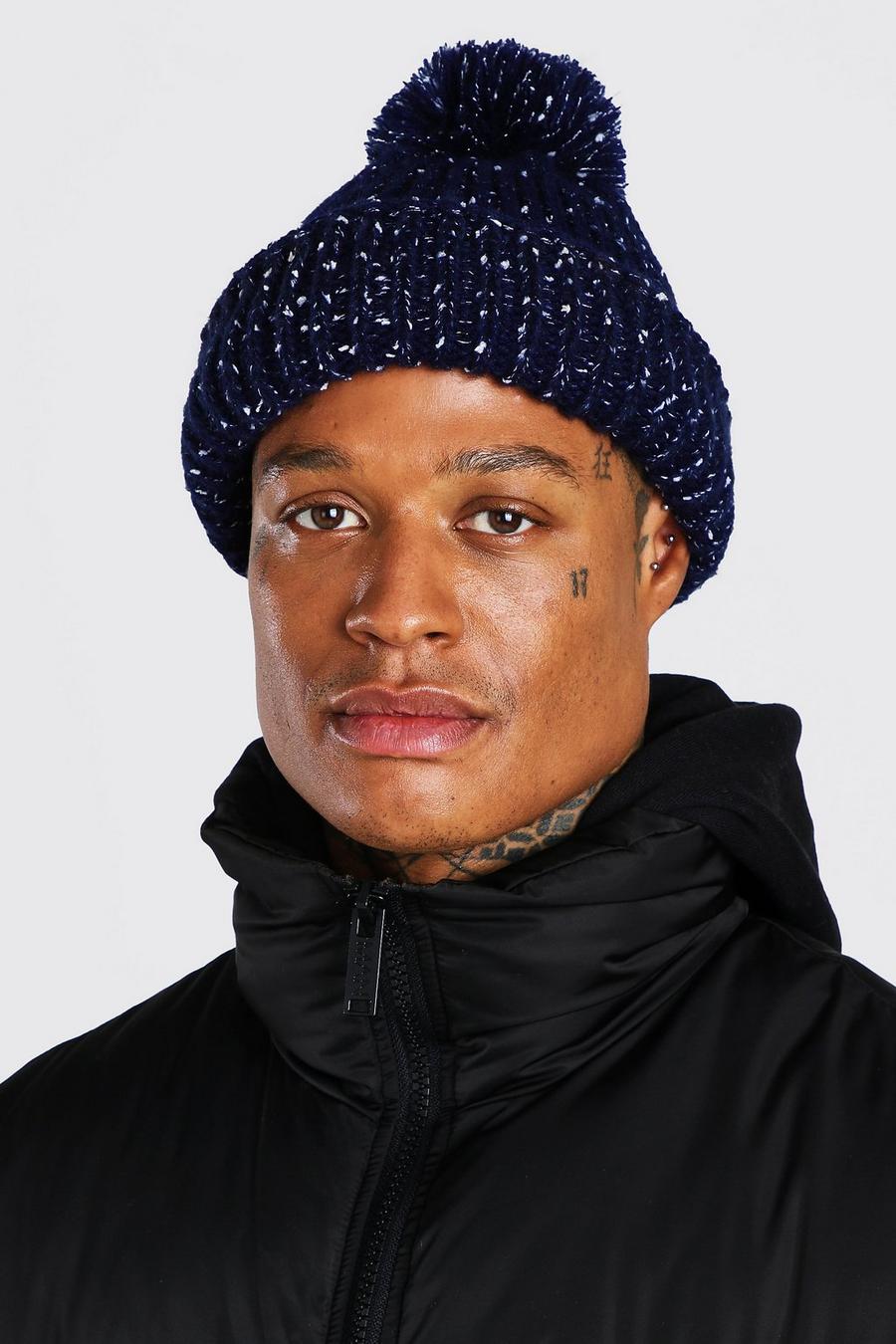 Navy Speckled Rib Knitted Bobble Beanie image number 1