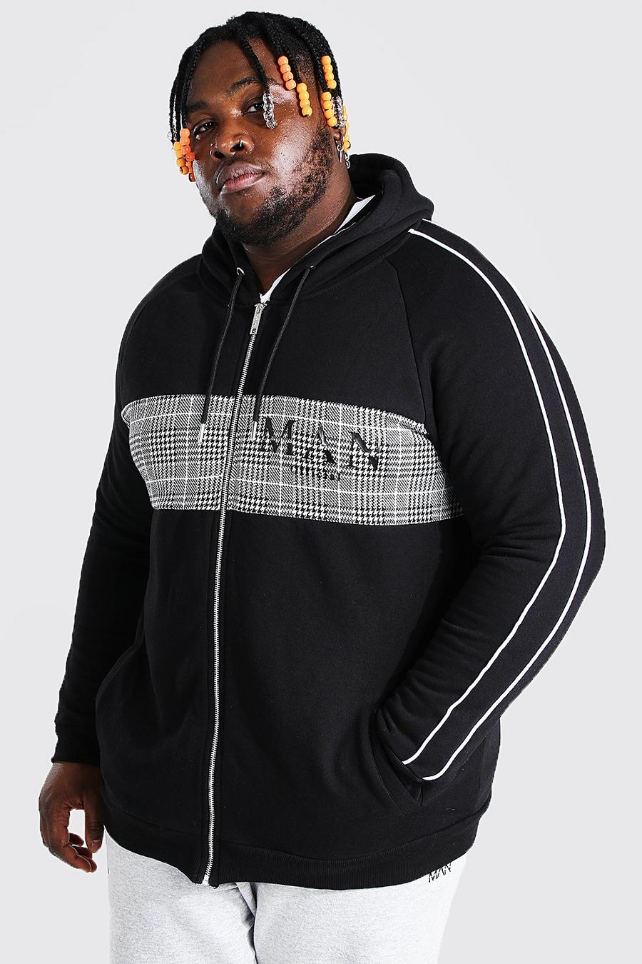 Black Plus Size Man Hoodie Met Jacquard Paneel, Tekst En Rits image number 1