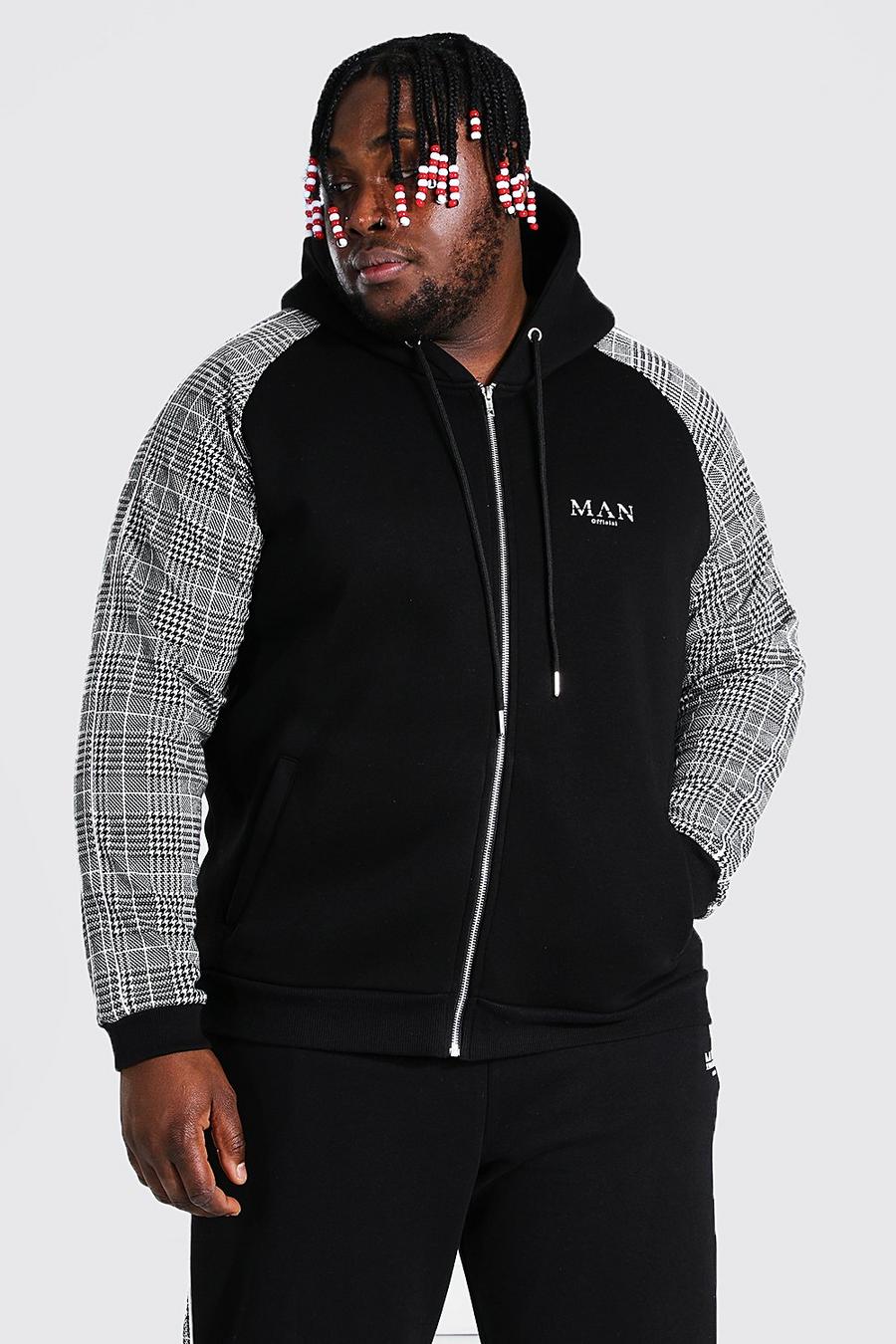 Black Plus Size Man Vest Met Tekst, Jacquard Mouwen En Capuchon image number 1