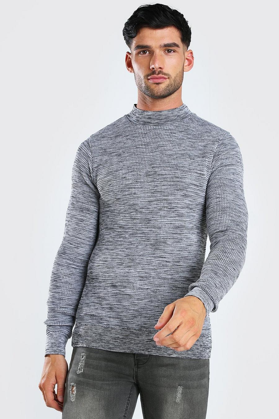 Black Muscle Fit Waffle Knit Turtle Neck Sweater image number 1