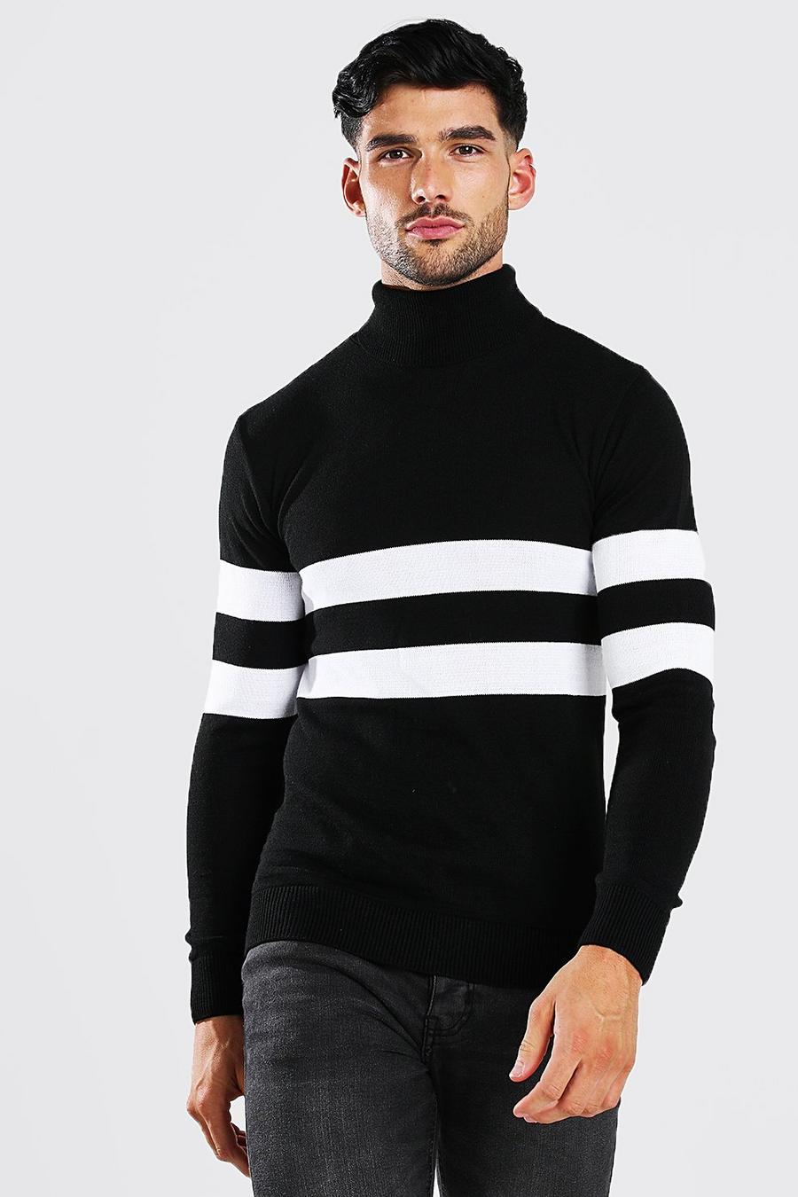 Black Muscle Fit Roll Neck Jumper With Stripes image number 1