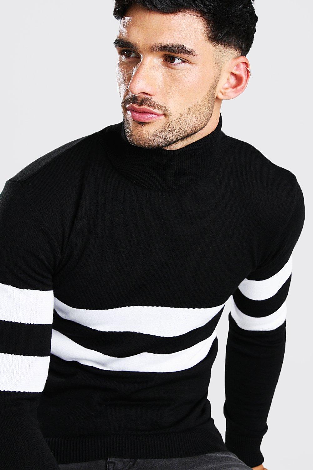 Muscle Fit Roll Neck Jumper With Stripes boohoo