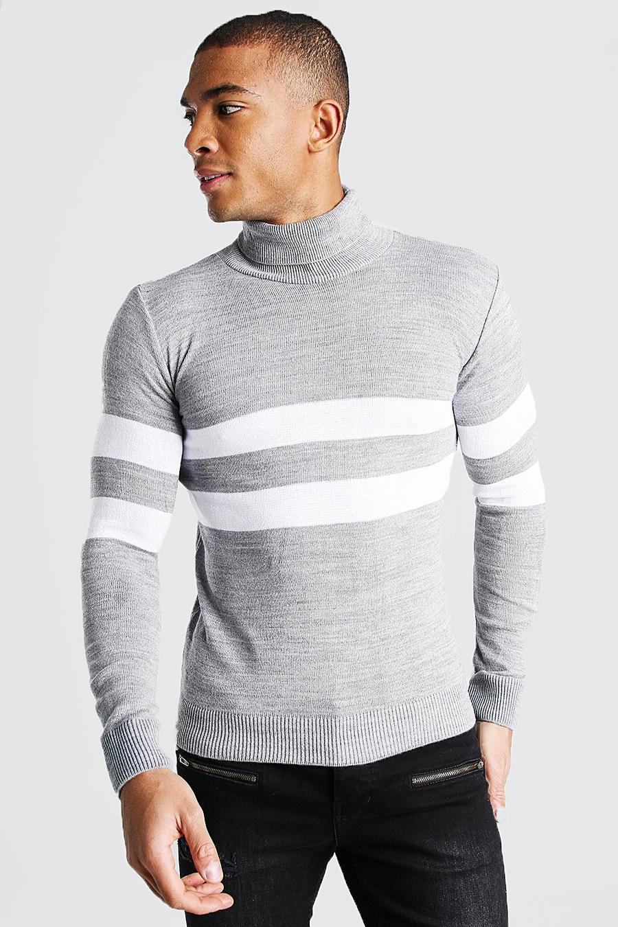 Grey Muscle Fit Roll Neck Jumper With Stripes image number 1
