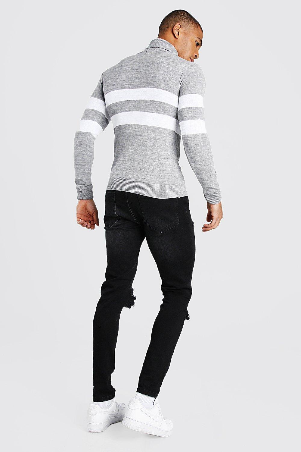 Muscle Fit Turtleneck Sweater With Stripes