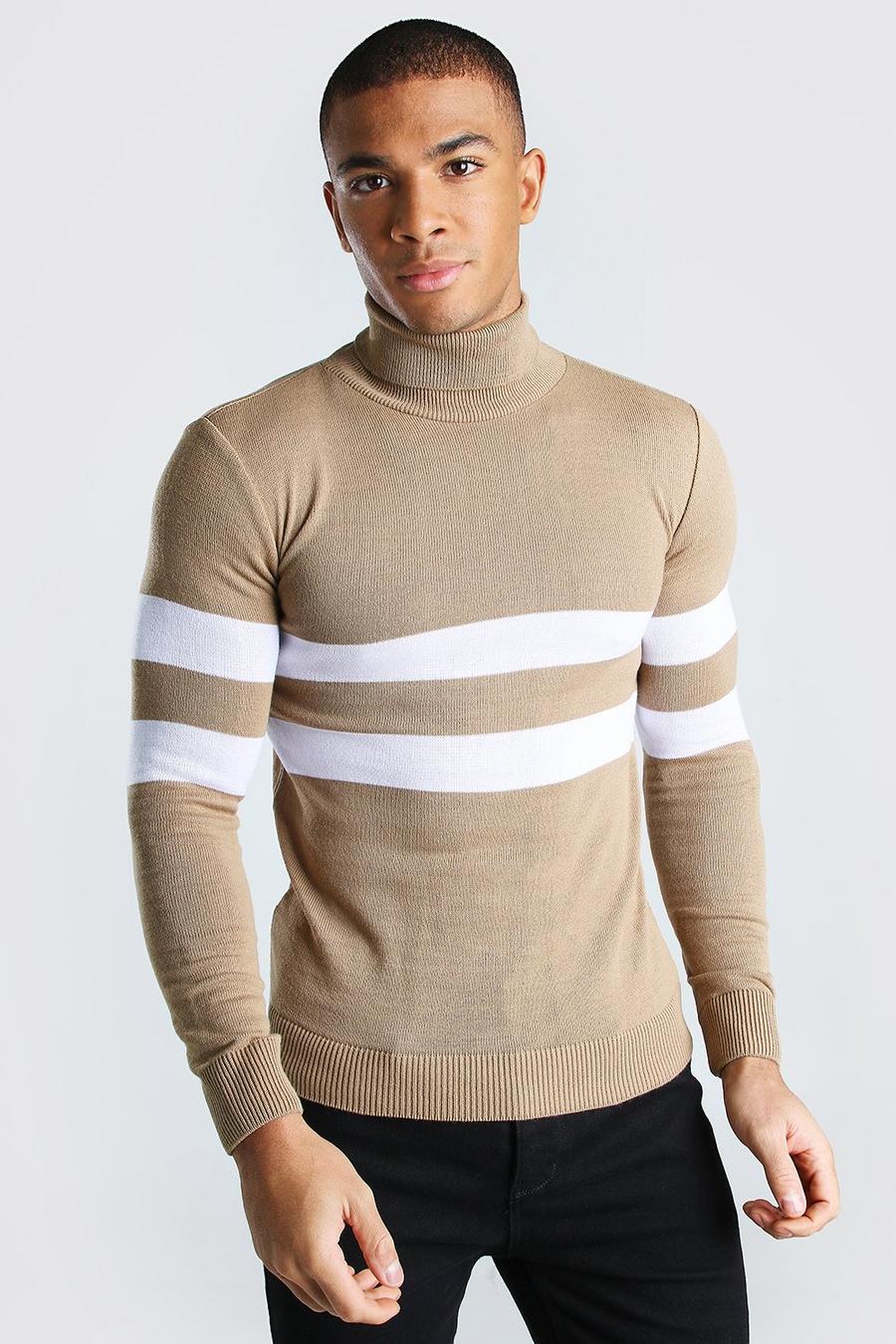 Taupe Muscle Fit Roll Neck Jumper With Stripes image number 1