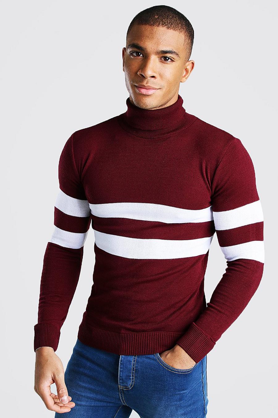 Muscle Fit Roll Neck Jumper With Stripes, Burgundy image number 1
