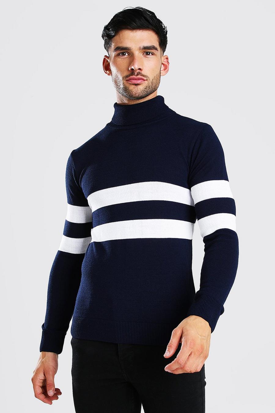 Navy Muscle Fit Roll Neck Jumper With Stripes image number 1
