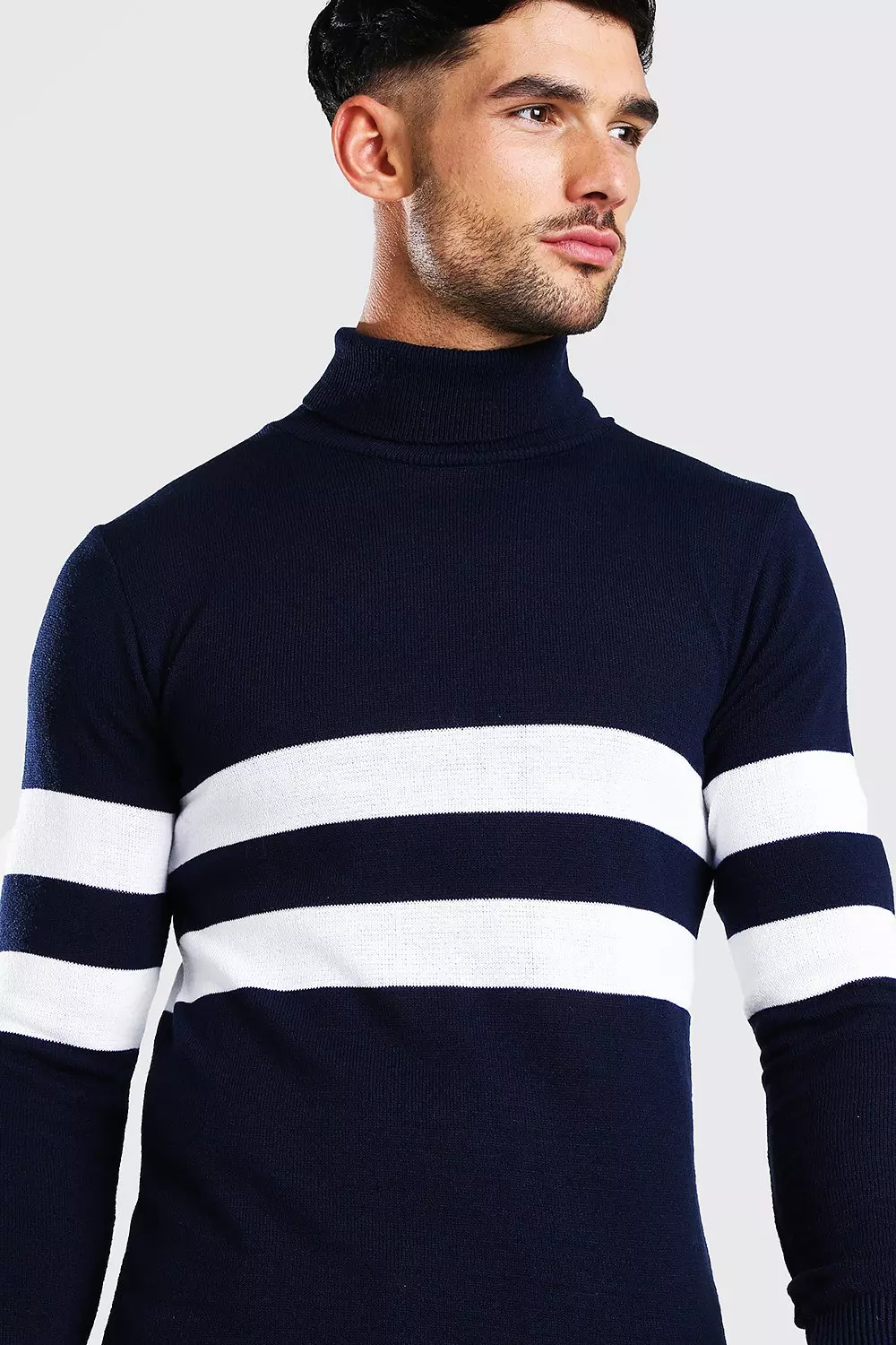 Muscle Fit Roll Neck Jumper With Stripes