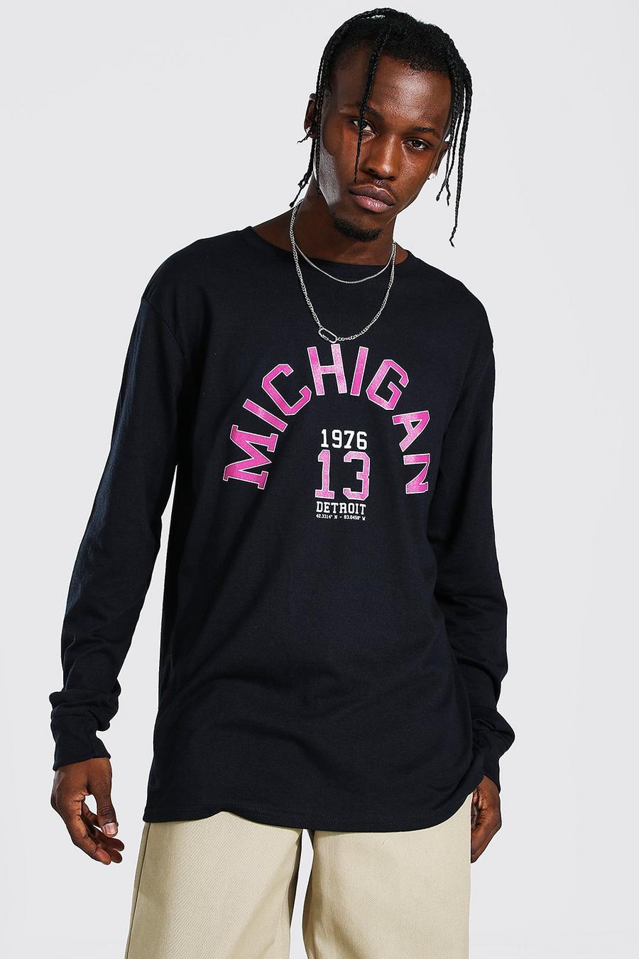Langärmliges Loose Fit T-Shirt mit „Michigan“-Print, Schwarz image number 1