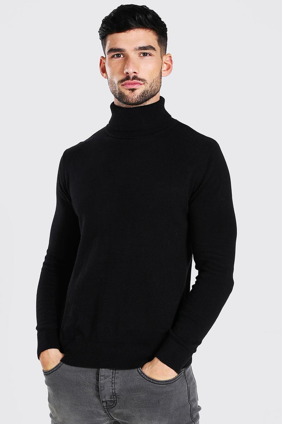 שחור סוודר בגזרה שרירית עם צווארון מגולגל image number 1