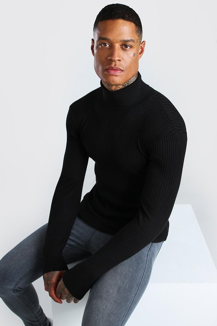 Black Muscle Fit Ribbed Turtleneck Sweater image number 1