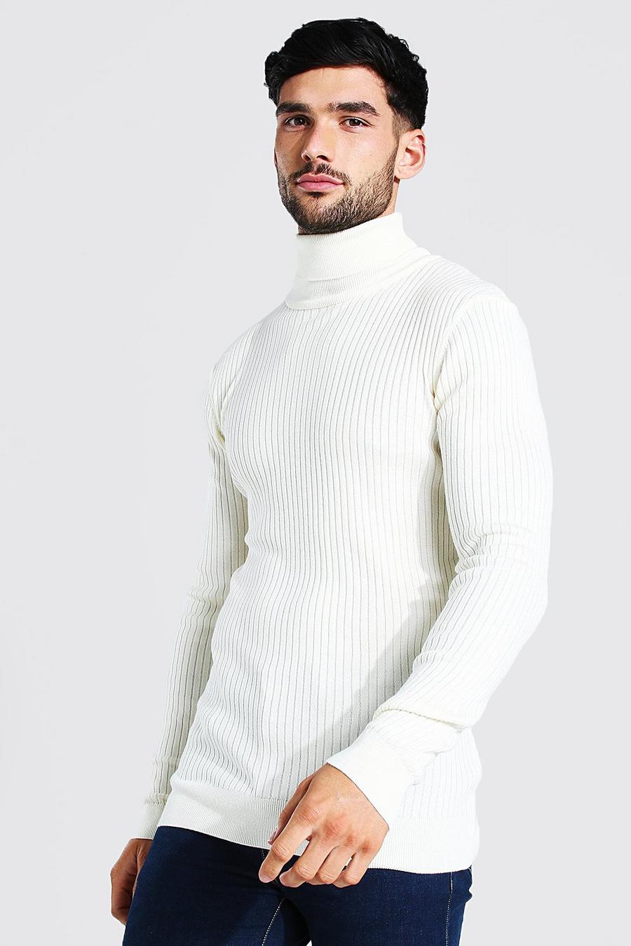 Ecru Muscle Fit Ribbed Turtleneck Sweater image number 1