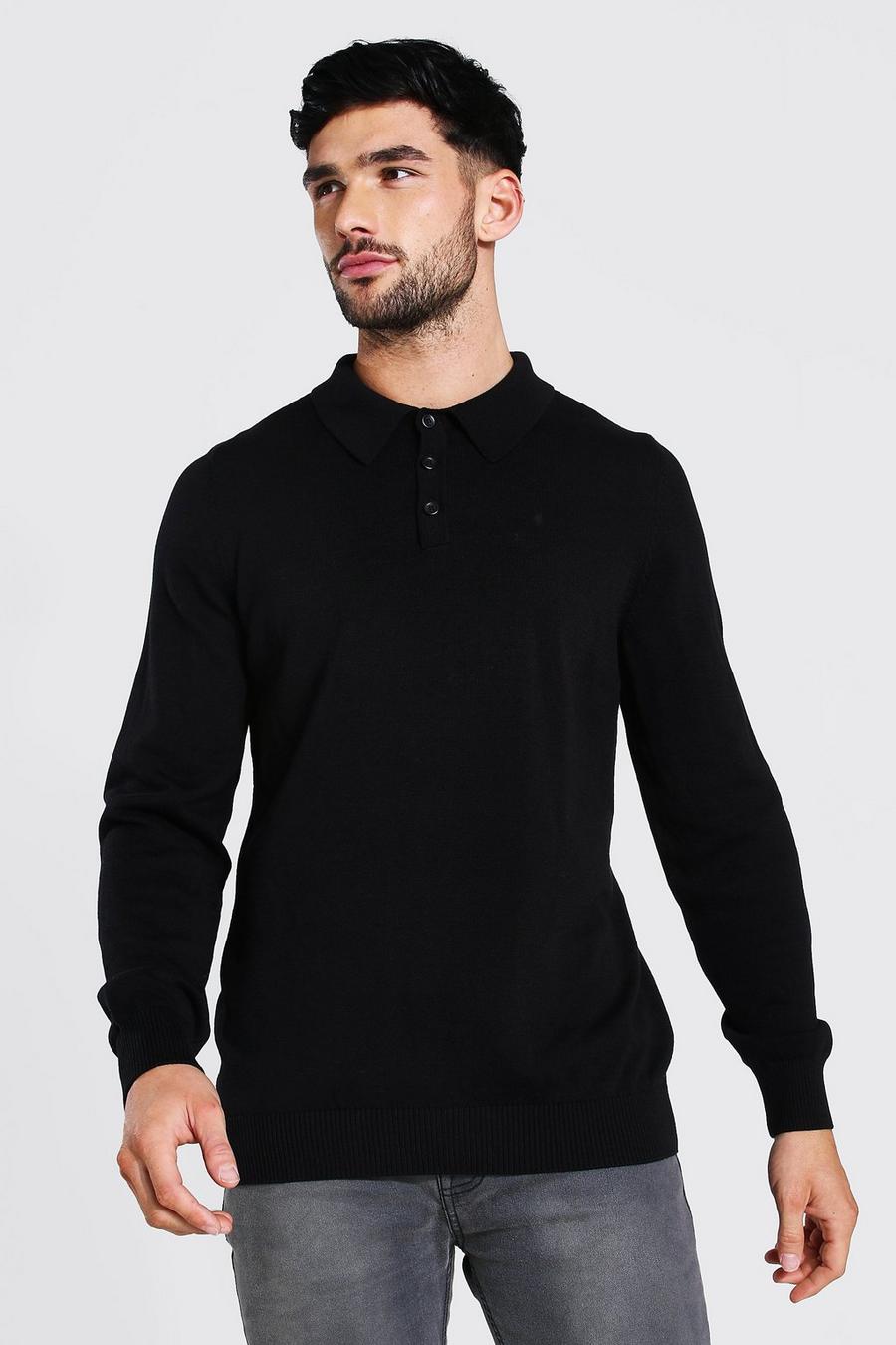 Polo in maglia con maniche lunghe, Nero black image number 1