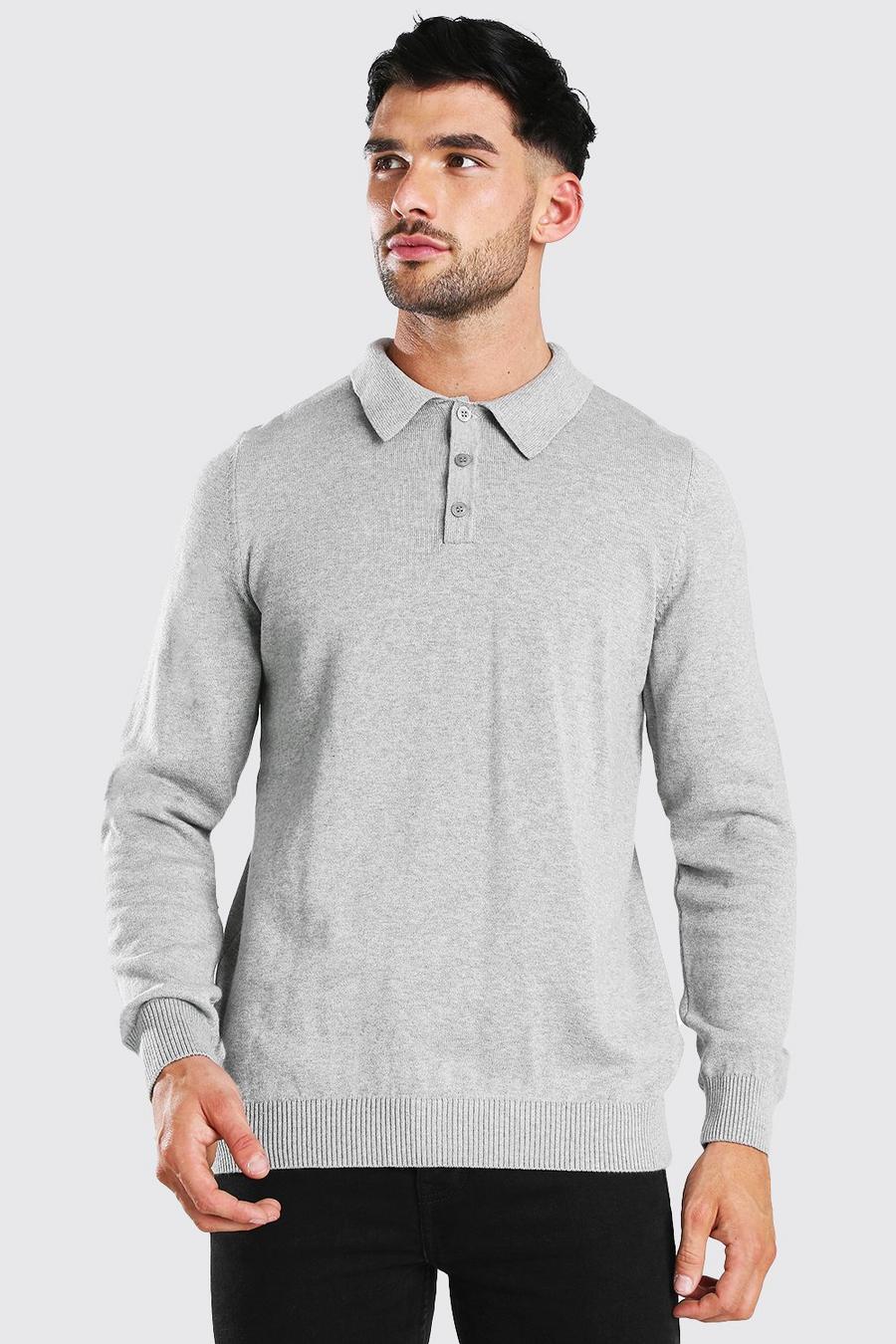 Grey Long Sleeve Knitted Polo image number 1