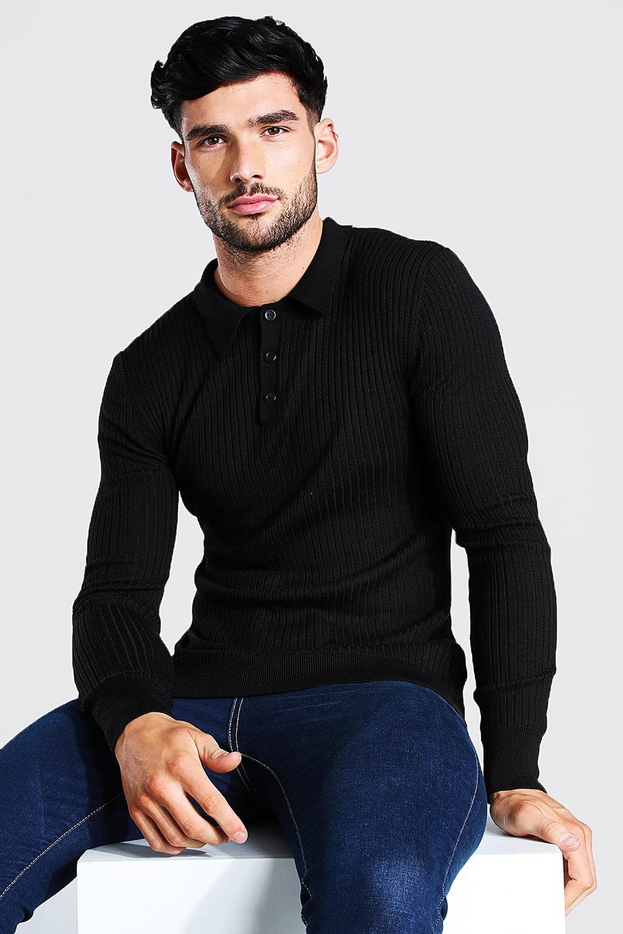 Black svart Long Sleeve Muscle Fit Ribbed Knit Polo image number 1