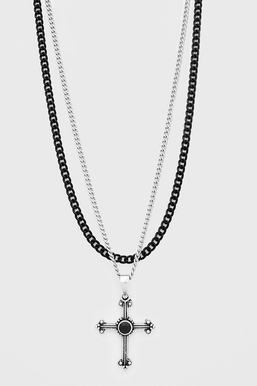 Doppellagige Halskette mit grobem Kreuz, Mehrfarbig image number 1