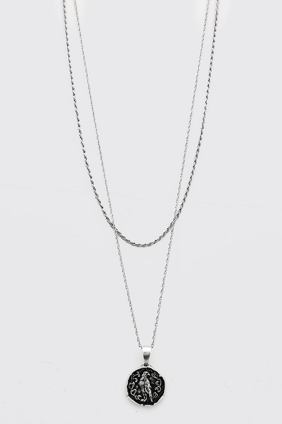 Zweireihige Halskette mit Adler-Anhänger, Silber image number 1