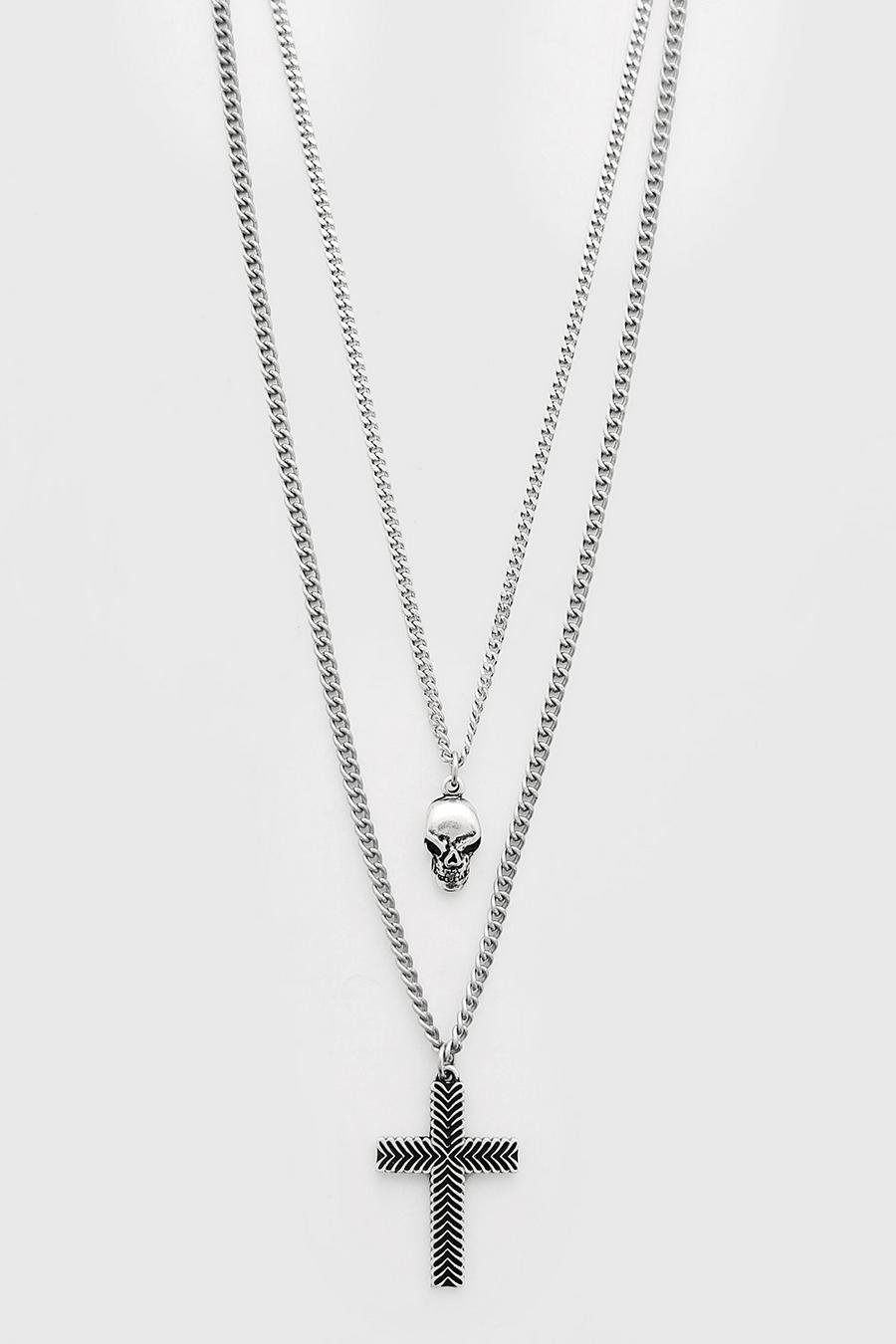 Zweireihige Halskette mit Kreuz und Totenkopf, Silber image number 1