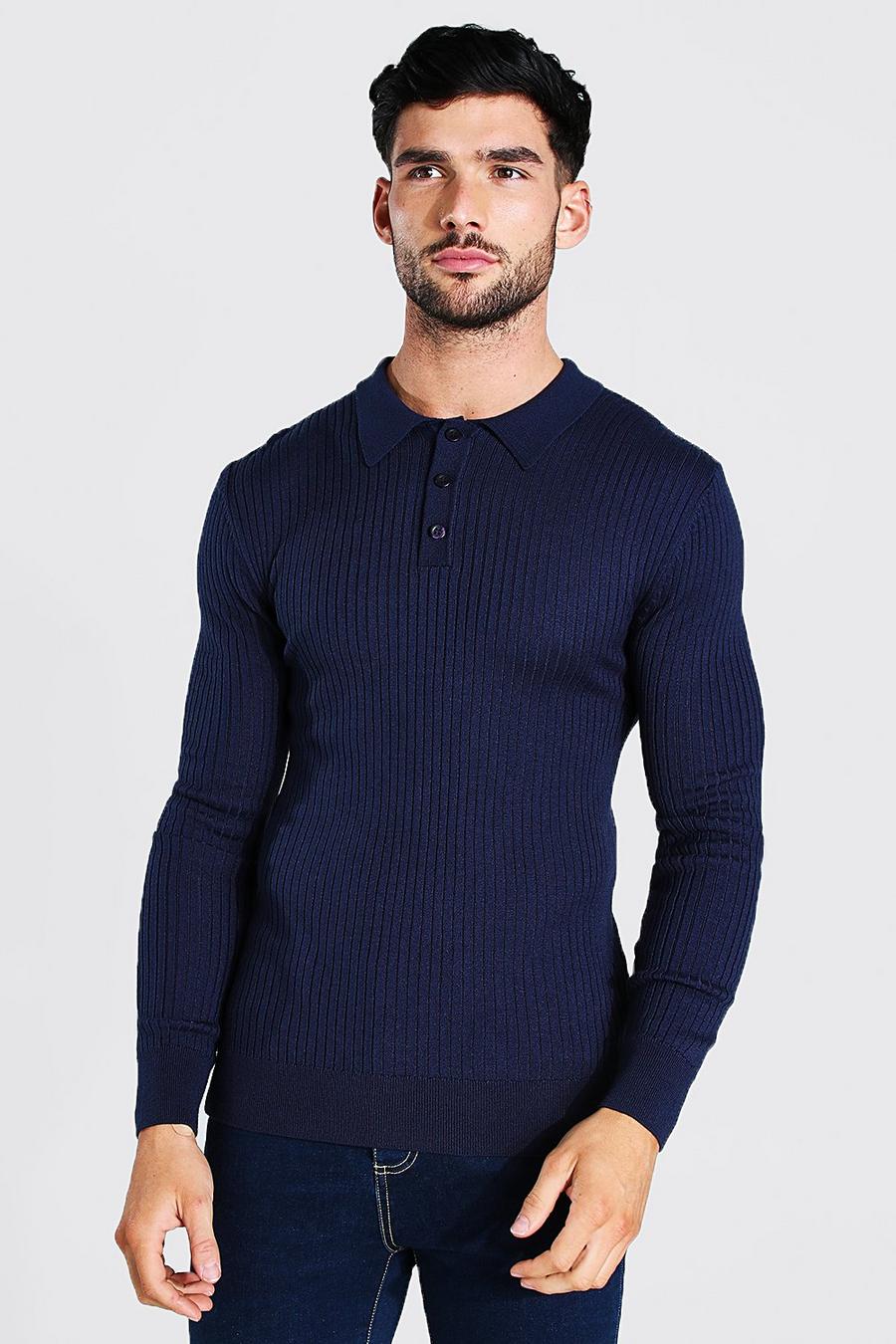 Navy Long Sleeve Muscle Fit Ribbed Knit Polo image number 1