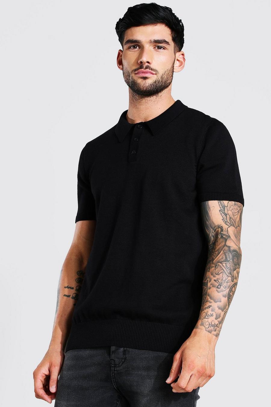 Black Short Sleeve Knitted Polo image number 1