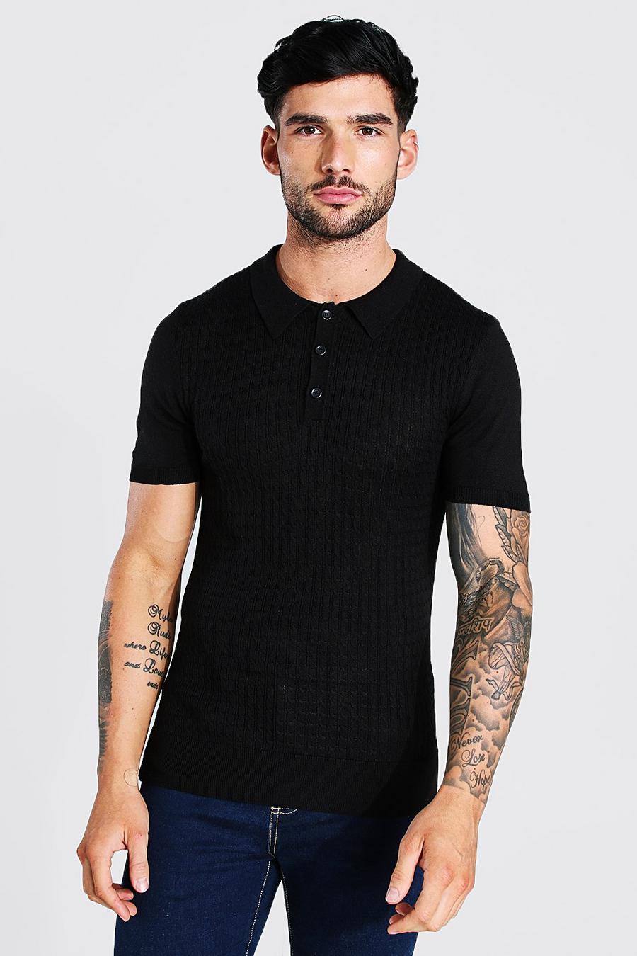 Black Short Sleeve Muscle Fit Cable Polo image number 1