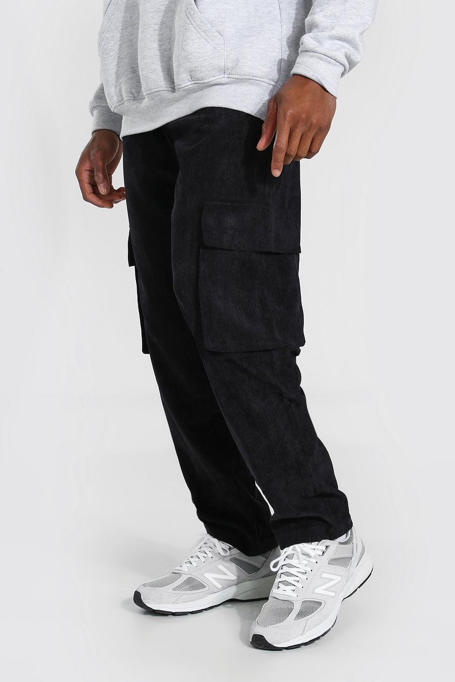 Black Corduroy Straight Leg Cargo Pants image number 1