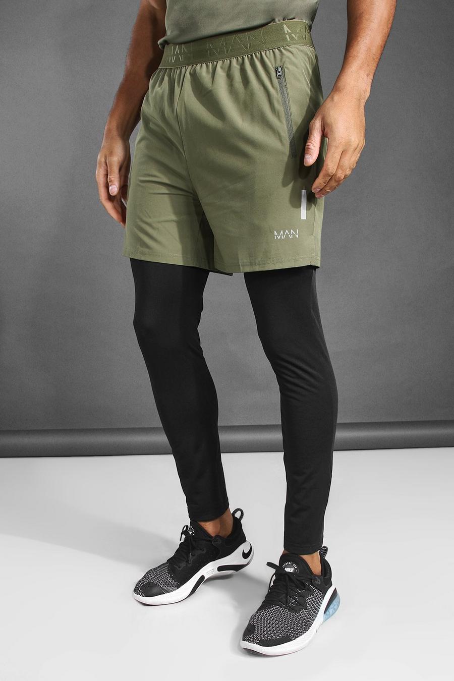 Pantalones cortos ajustados 2 en 1 con bajo con abertura MAN Active, Caqui image number 1