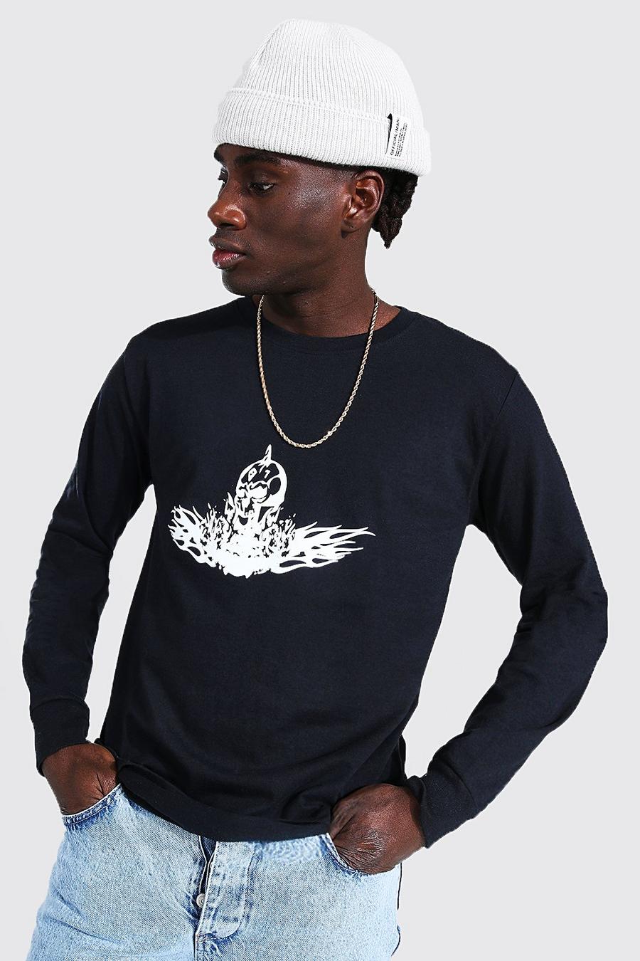 T-shirt oversize a maniche lunghe con stampa scheletro di pipistrello, Nero image number 1